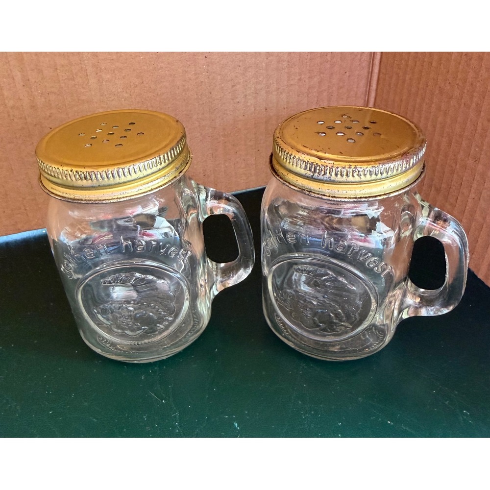 Vintage Golden Harvest Mason Jar Salt and Pepper Shakers Clear Glass Mini Mugs